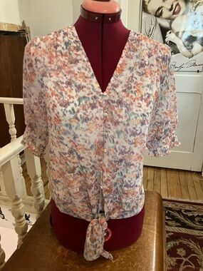 3/30$ Tie-Front V-Neck Floral Blouse - White with Coral & Lavender